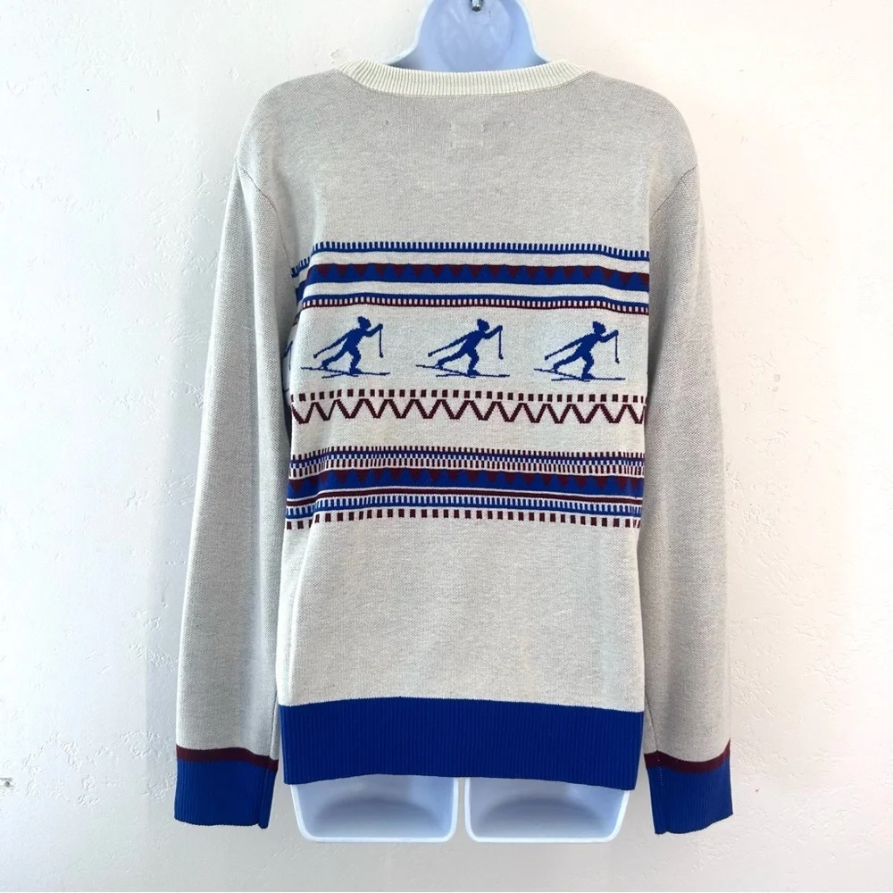 Kavu Hillrose Women's White and Blue Retro Ski Patterned Sweater XL NWT